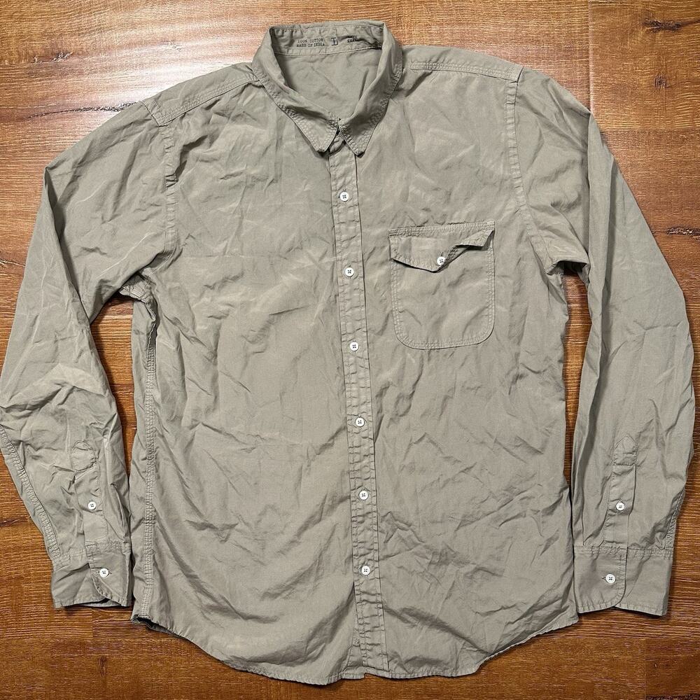 Save Khaki United Button Up Shirt Mens L Gray Woven Cotton Long Sleeve USA Made